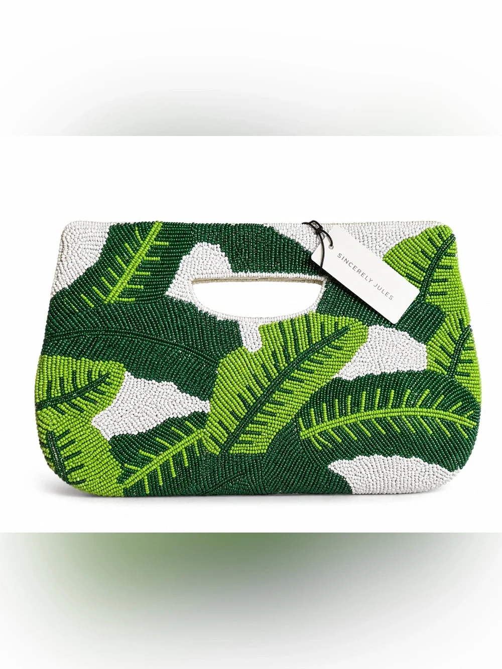 Sincerely Jules Tropical Banana Leaf Beaded Clutch Green White